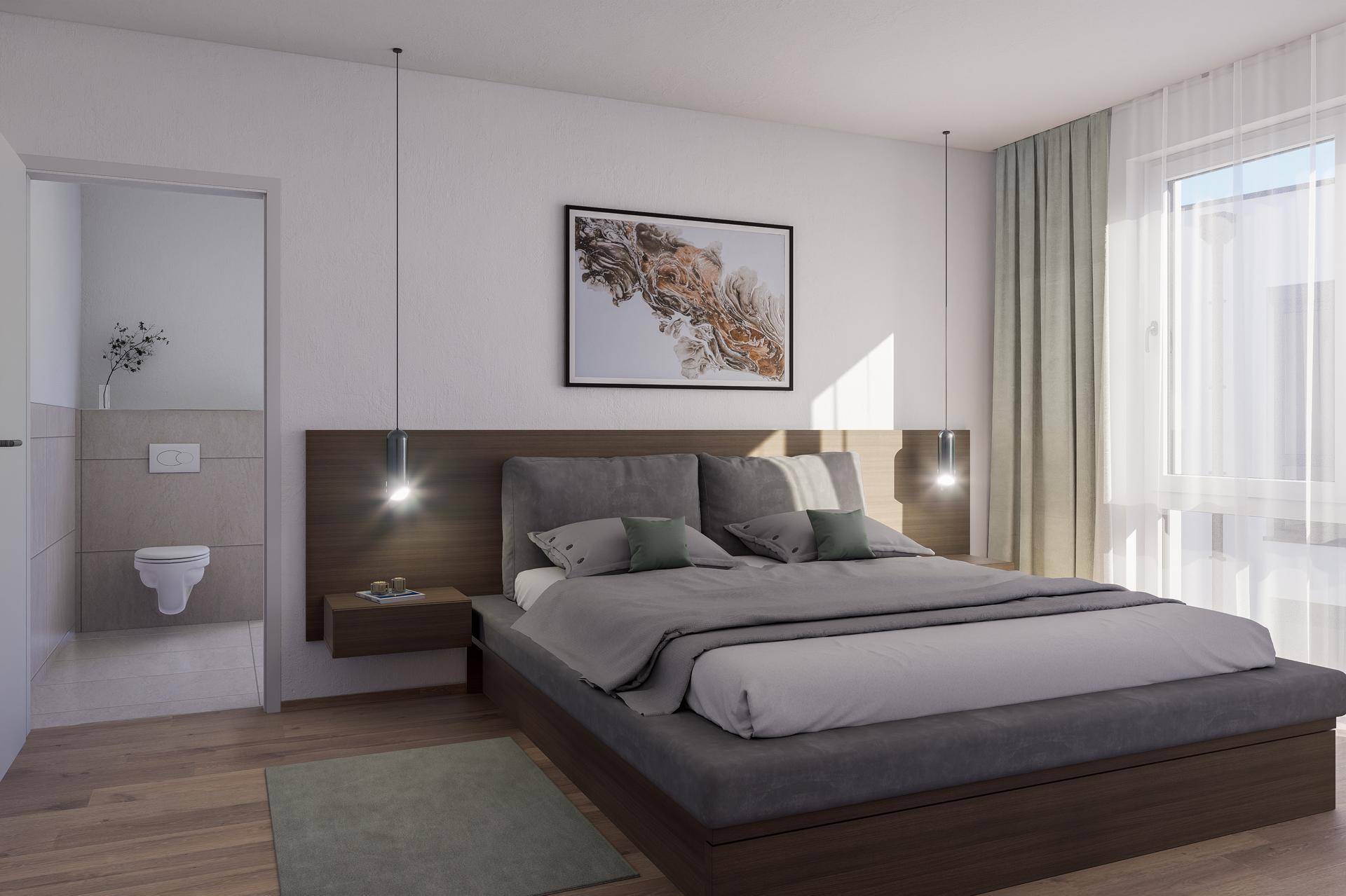 Modernes Schlafzimmer mit Holzboden, großem Bett und Zugang zu einem separaten WC-Bereich.