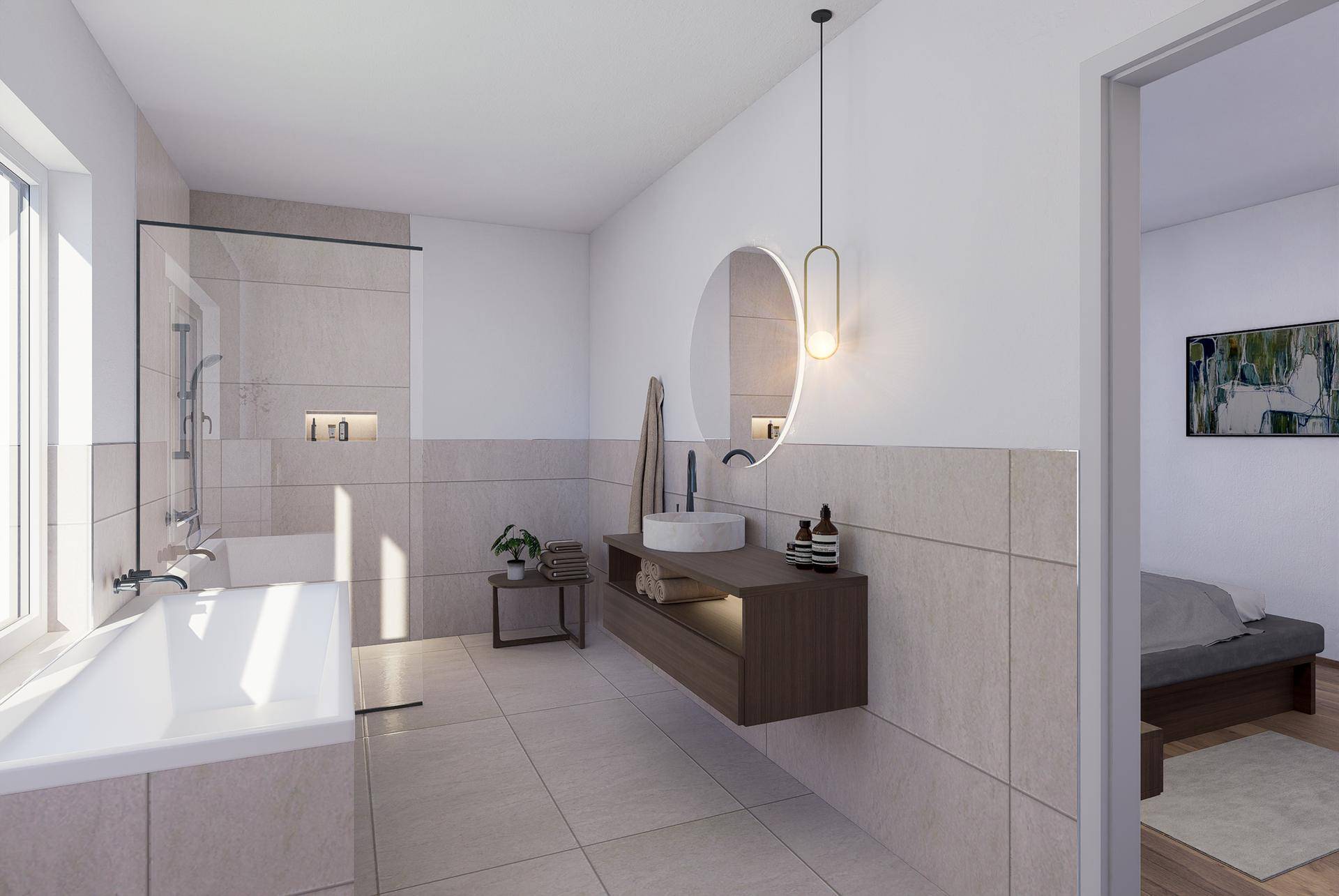 Modernes Badezimmer mit Badewanne, begehbarer Dusche, Einzelwaschbecken und einem Fenster für Tageslicht.