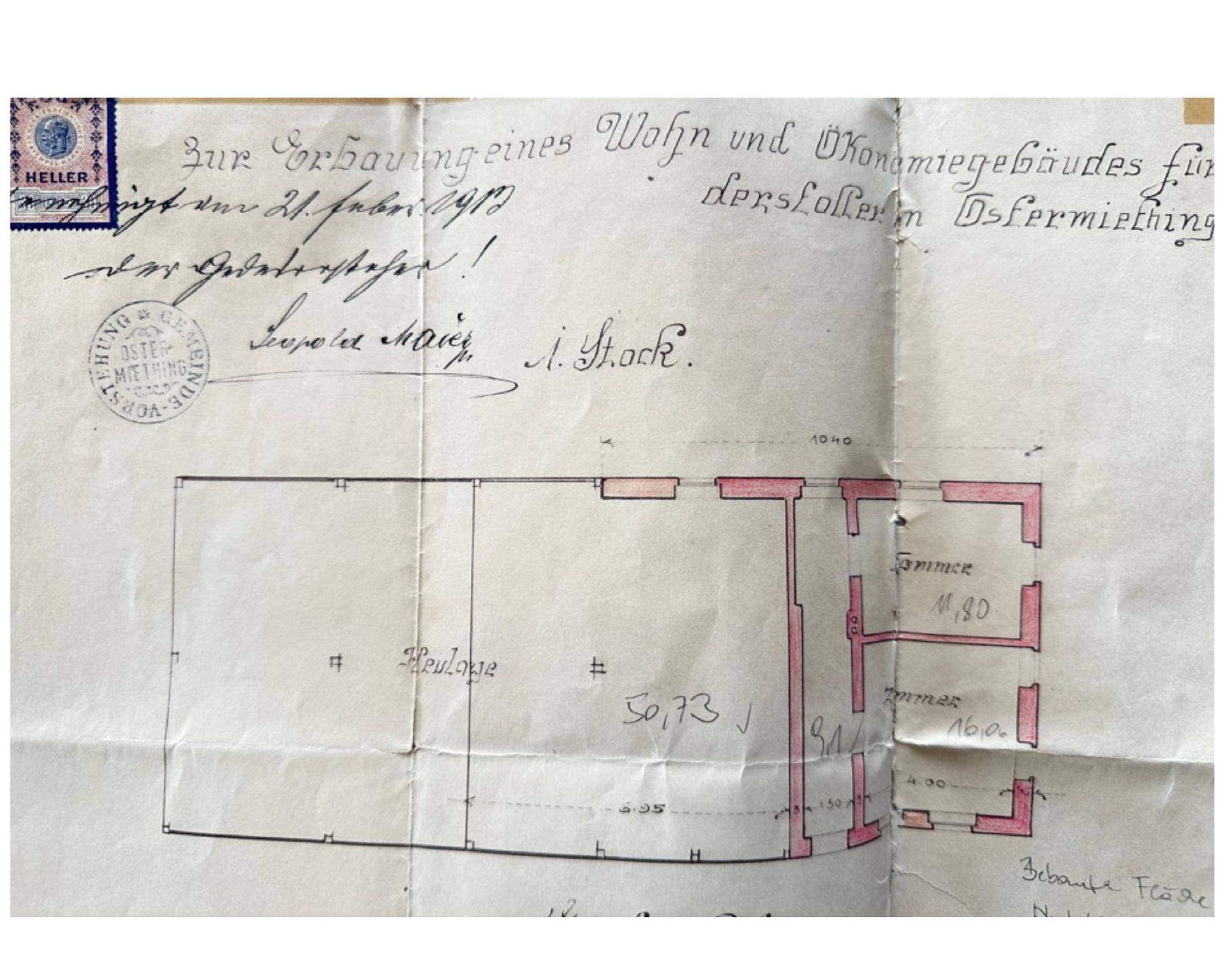 Historischer Bauplan für ein Wohn- und Ökonomiegebäude mit Grundriss und handschriftlichen Notizen.