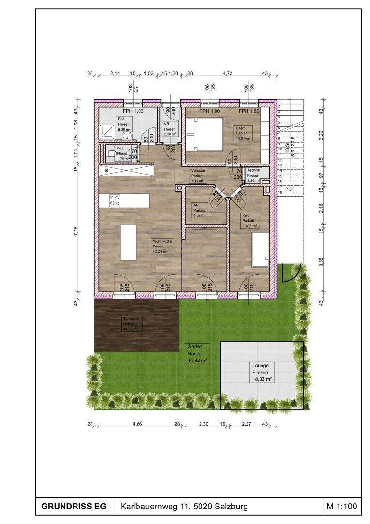 Grundriss des Erdgeschosses mit offenem Wohnbereich, Schlafzimmern und direktem Gartenzugang.
