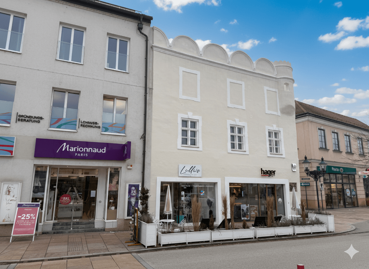 Helle Fassade eines Geschäftsgebäudes mit großen Schaufenstern und traditionellen architektonischen Elementen.