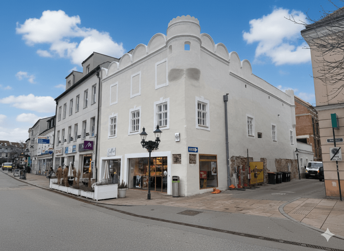 Historisches Eckgebäude mit heller Fassade und markanten Zinnen an einer belebten Straße mit Geschäften.