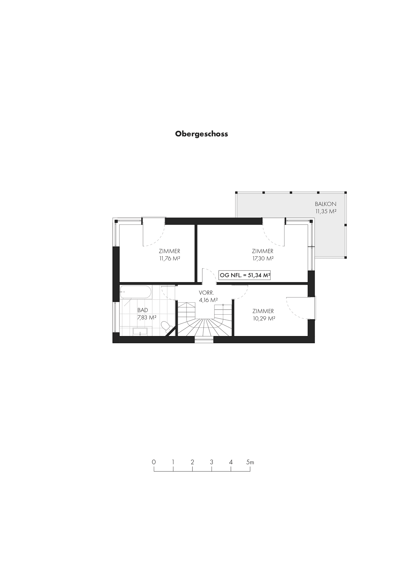 Grundriss des Obergeschosses mit drei Zimmern, Bad und Balkon.