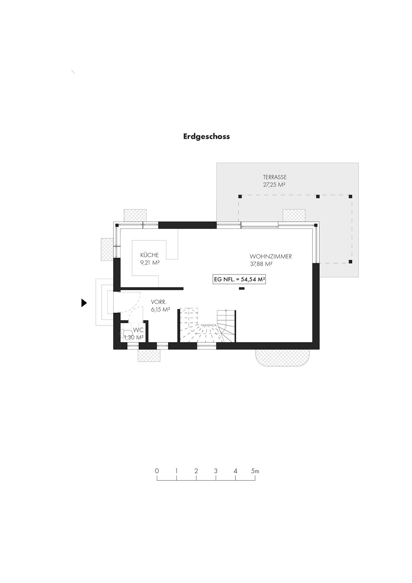 Grundriss des Erdgeschosses mit Küche, Wohnzimmer, WC und großer Terrasse.