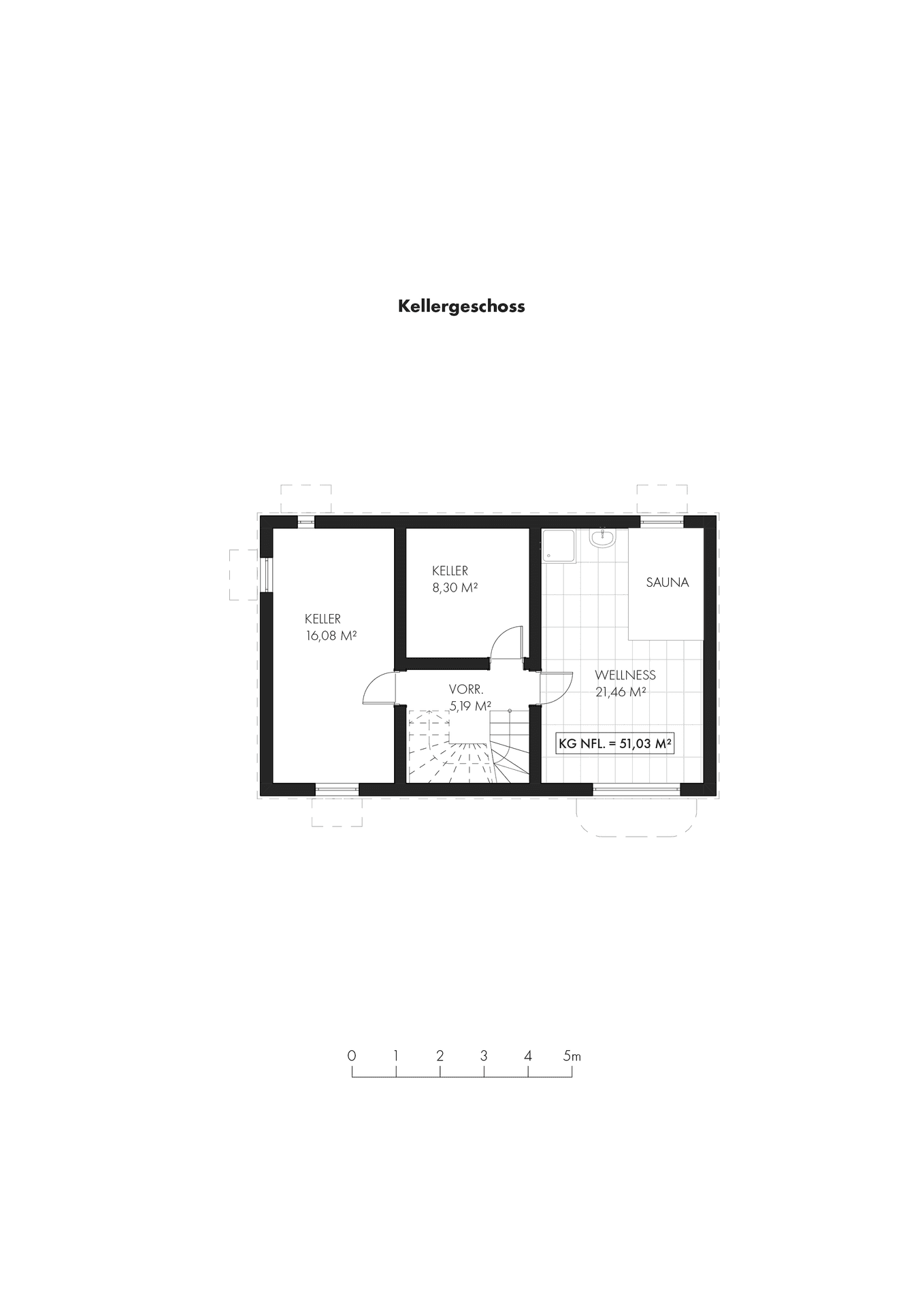 Grundriss des Kellergeschosses mit Kellerräumen, Wellnessbereich und Sauna.