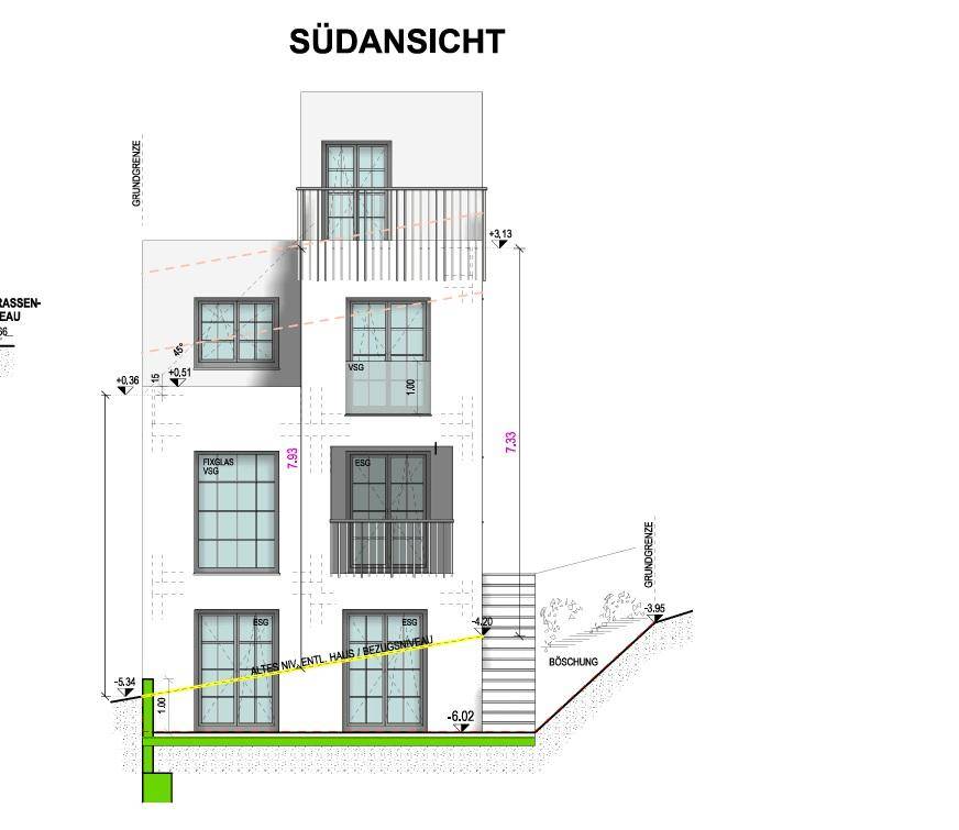 Architektonische Südansicht des Gebäudes mit Balkonen und Terrassen.