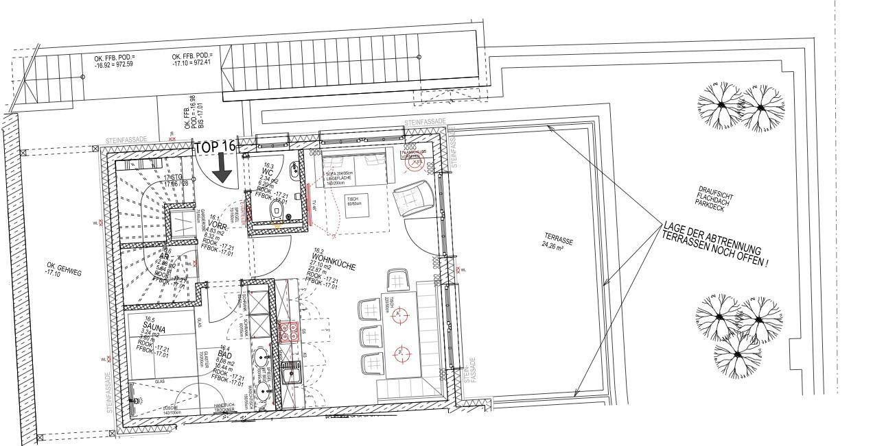 Grundriss des Erdgeschosses mit offenem Wohnbereich, Küche, Bad und Terrasse.