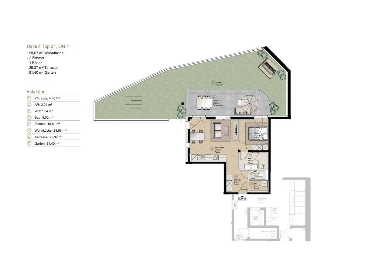 Grundriss der Wohnung Top 01 mit Garten, Terrasse und offenem Wohnbereich.