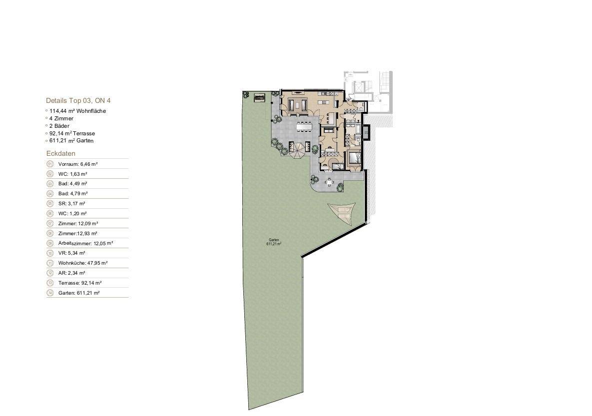 Übersichtlicher Grundriss mit Fokus auf den weitläufigen Garten und die großzügige Terrasse der Wohnung.