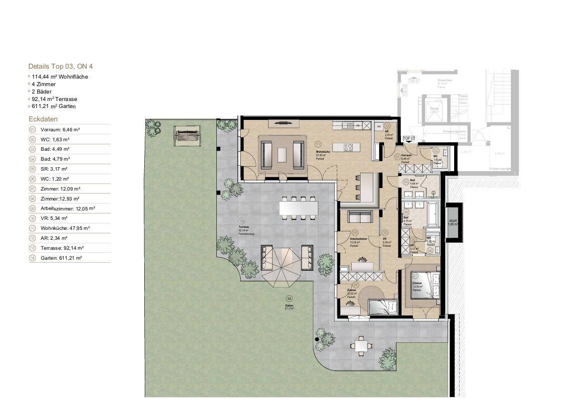 Detaillierter Grundriss einer Wohnung mit offener Wohnküche, großer Terrasse und weitläufigem Gartenbereich.