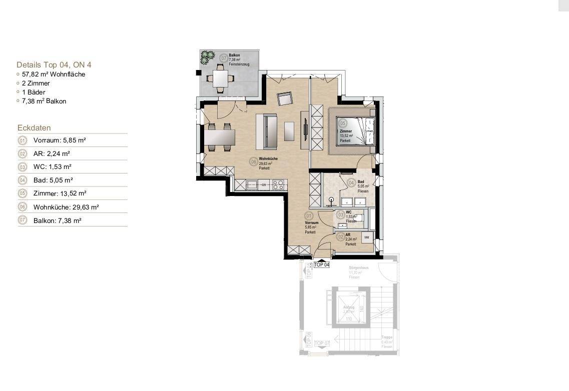 Grundriss einer Wohnung mit zwei Zimmern, Balkon und offener Wohnküche.