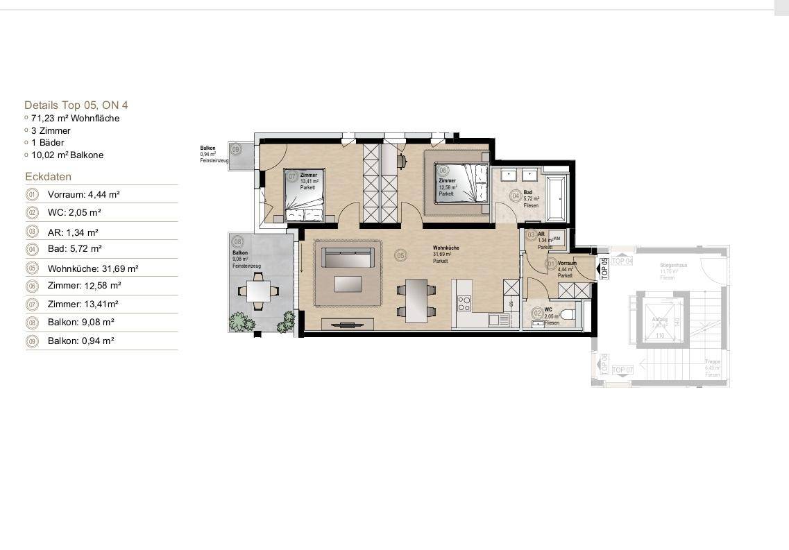 Grundriss einer Wohnung mit zwei Schlafzimmern, offenem Wohnbereich und zwei Balkonen.