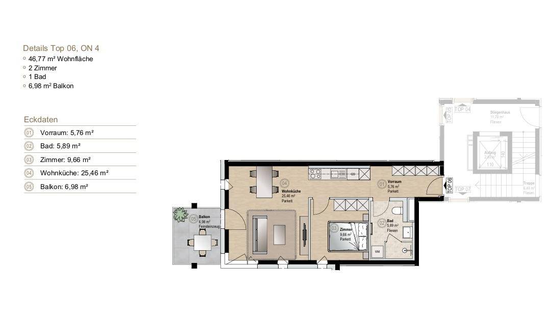 Grundriss einer Wohnung mit offenem Wohnbereich, Balkon und separatem Gäste-WC.