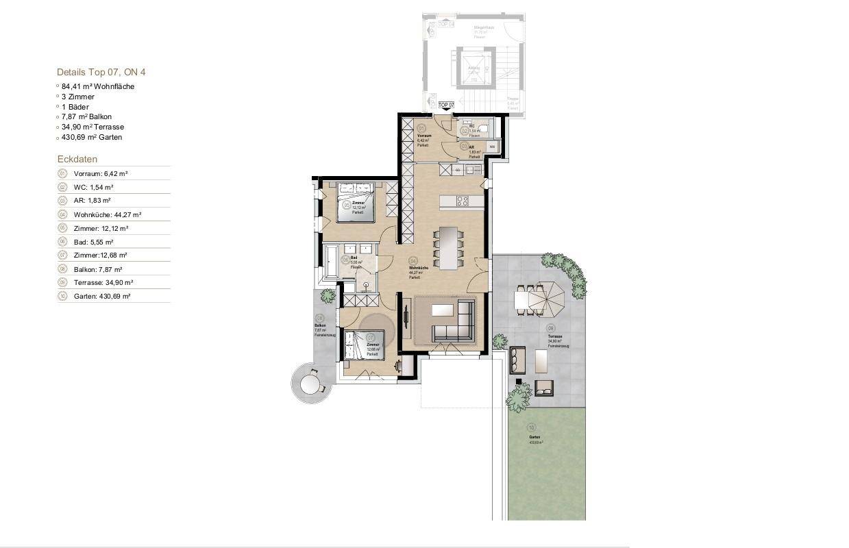 Detaillierter Grundriss einer Wohnung mit offenem Wohnbereich, Balkon, Terrasse und Garten.