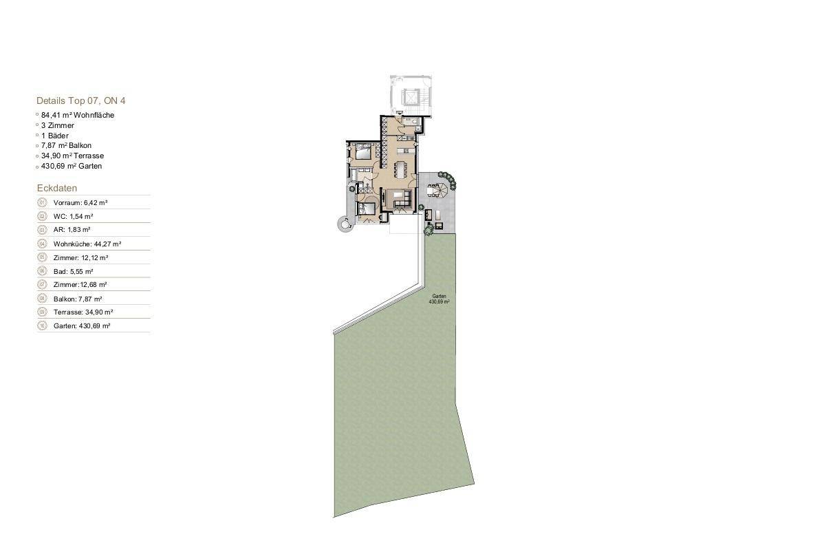 Übersichtlicher Grundriss einer Wohnung mit großem Garten, Terrasse und Balkon.