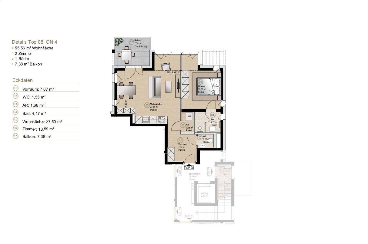 Detaillierter Grundriss einer Wohnung mit offenem Wohnbereich, Schlafzimmer, Bad und Balkon.