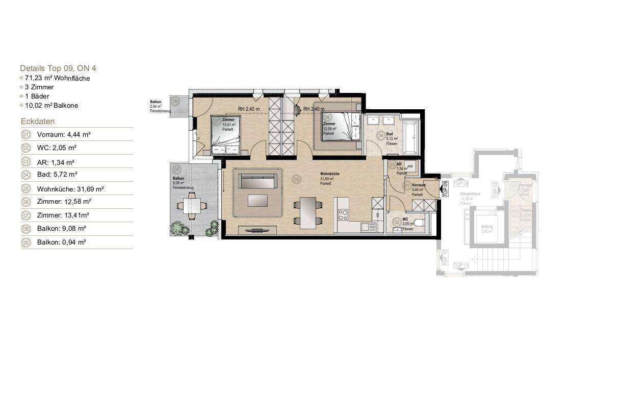 Grundriss der Wohnung Top 09 mit offener Wohnküche, zwei Schlafzimmern, Bad und zwei Balkonen.