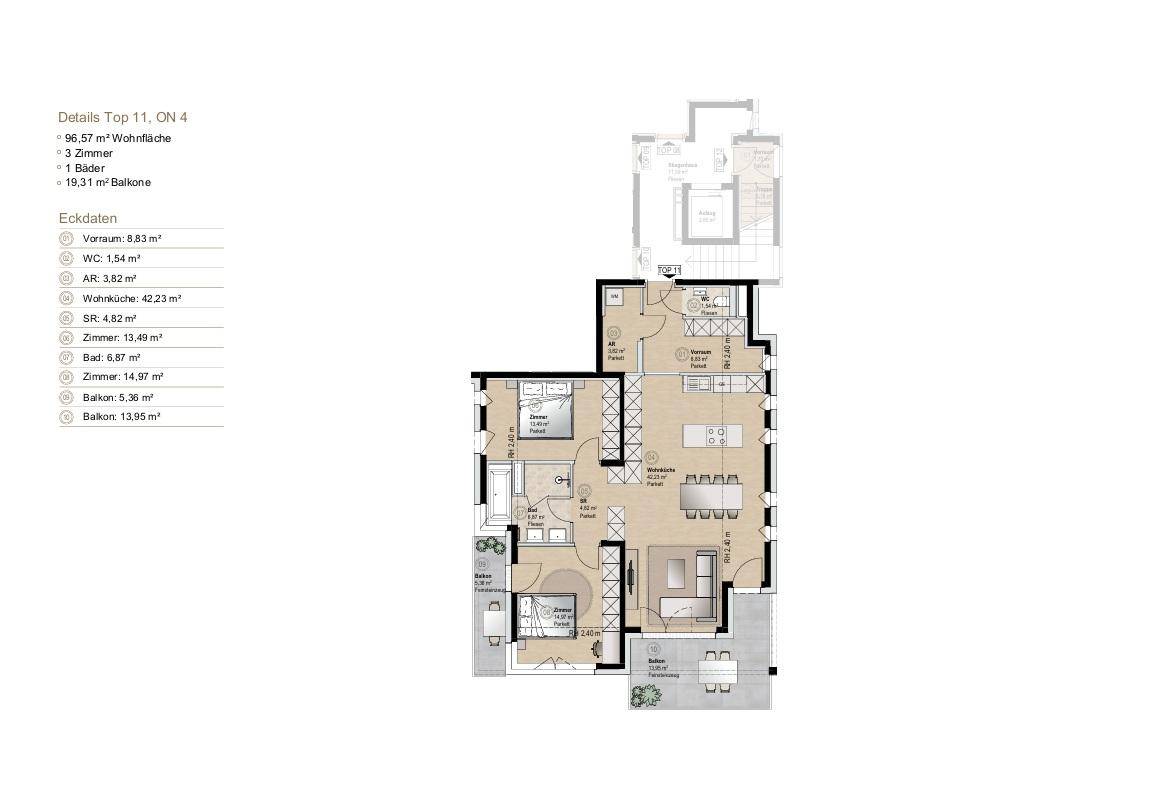 Detaillierter Grundriss einer 3-Zimmer-Wohnung mit Balkon und klarer Raumaufteilung.