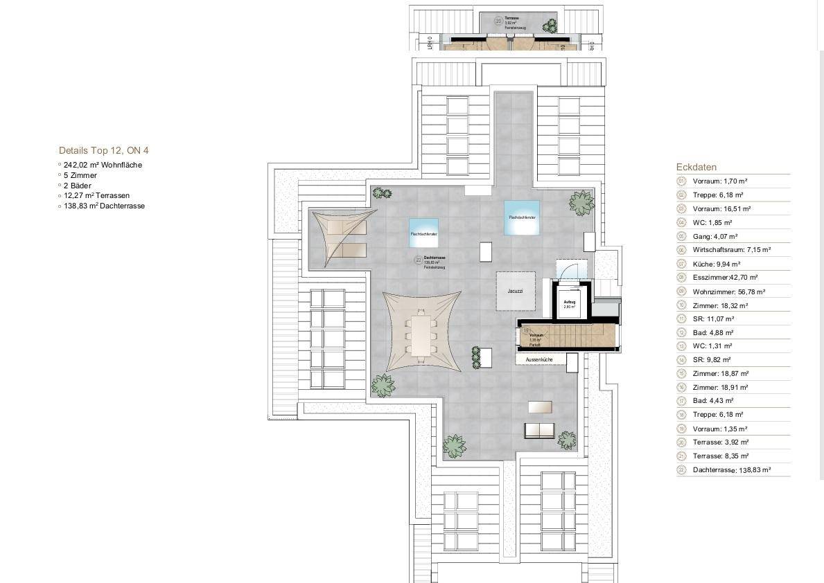 Grundriss der Dachgeschosswohnung mit großer Dachterrasse und Außenbereichen.