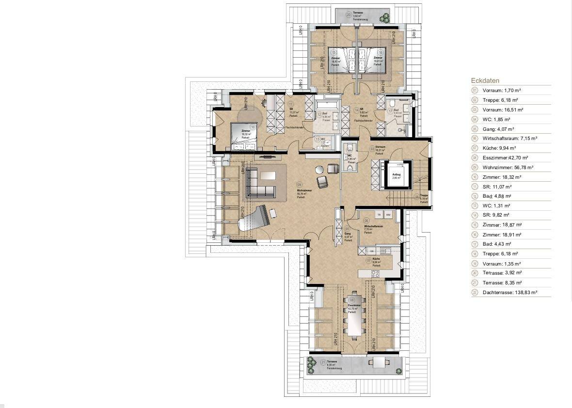 Detaillierter Grundriss einer Wohnung mit mehreren Zimmern und Bädern.