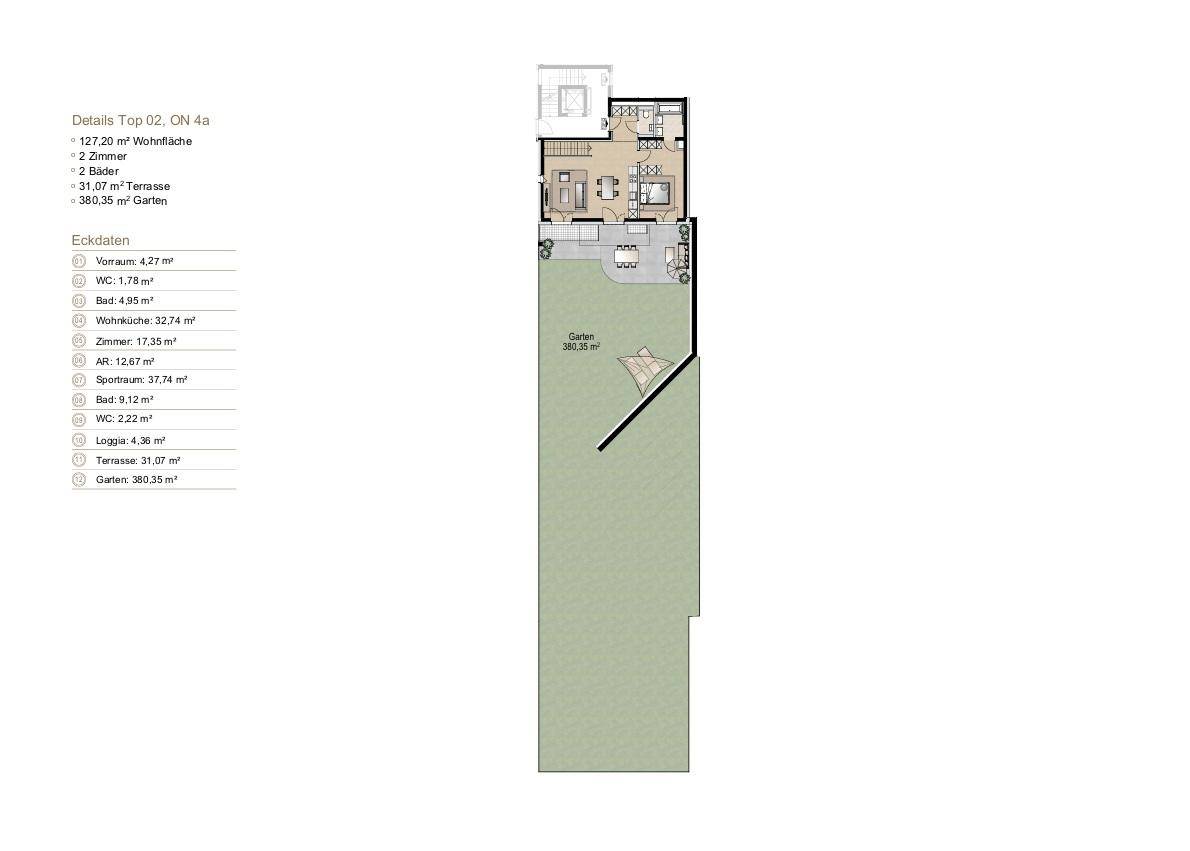 Detaillierter Grundriss des Erdgeschosses mit großem Garten, Terrasse und Loggia.