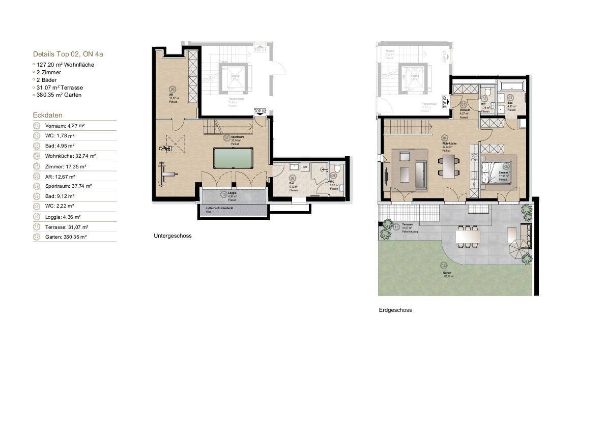 Grundrissplan des Unter- und Erdgeschosses mit Wohnküche, Terrasse und Gartenbereich.