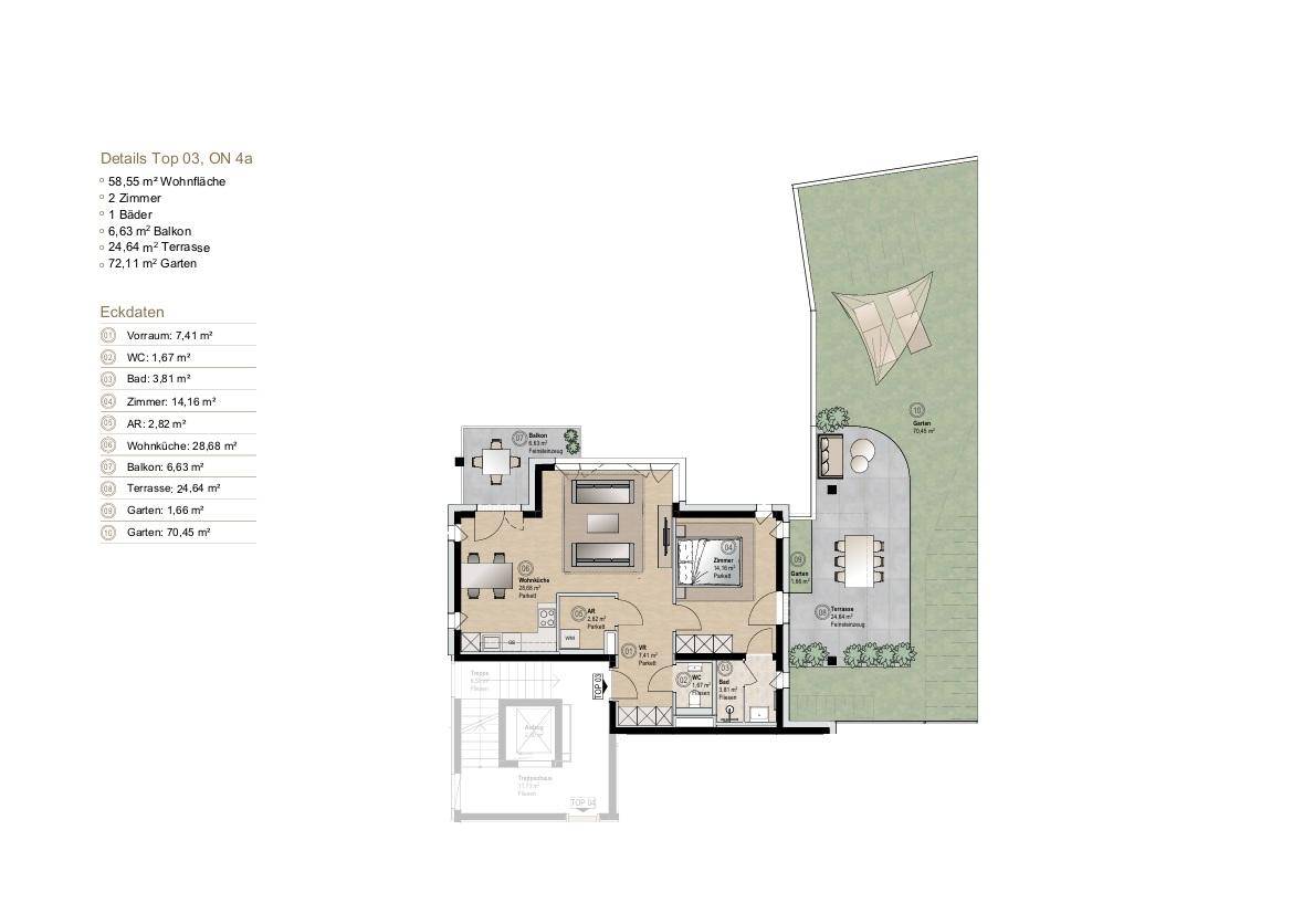 Grundriss der Wohnung Top 03 mit offenem Wohnbereich, Balkon, Terrasse und Garten.