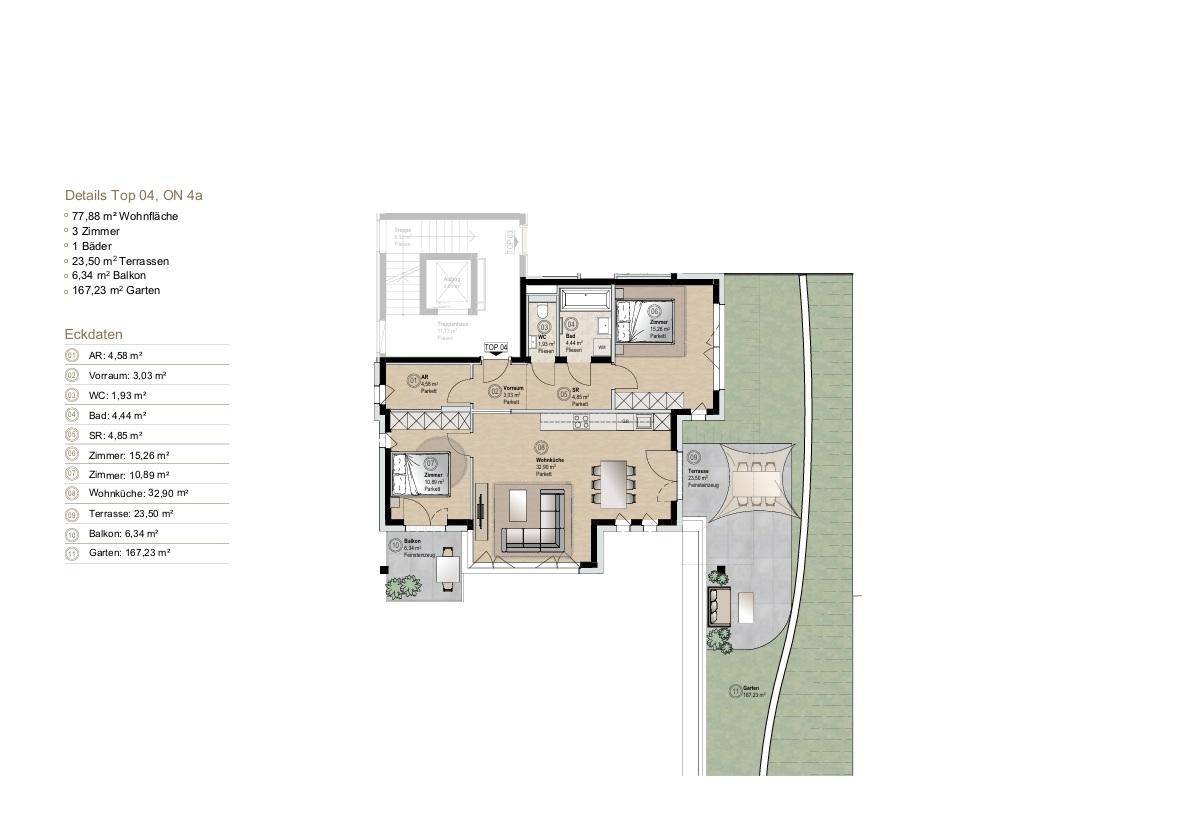 Detaillierter Grundriss einer Wohnung mit offenem Wohnbereich, Terrasse, Balkon und großem Garten.