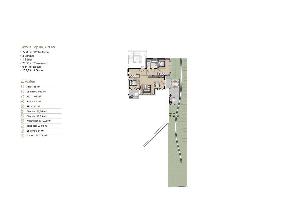 Übersichtlicher Grundriss einer Wohnung mit weitläufigem Gartenbereich, Terrasse und Balkon.