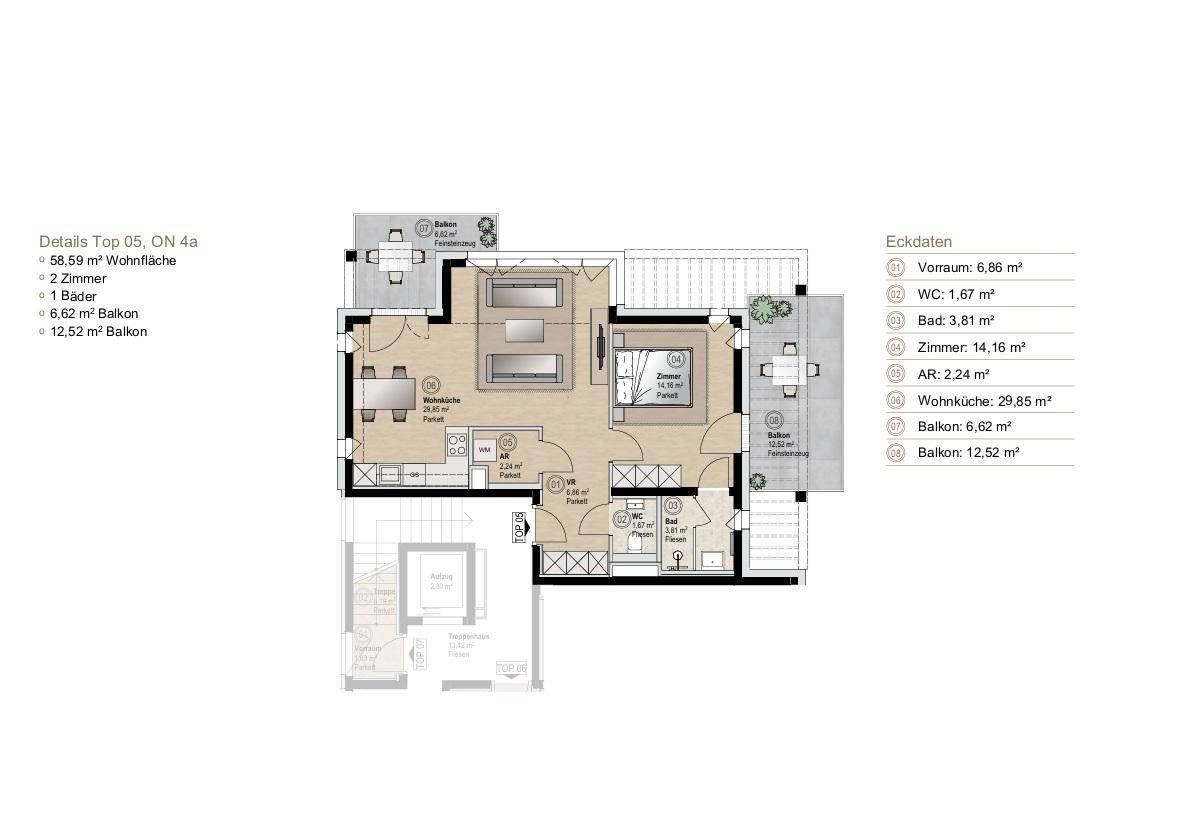Grundriss einer modernen 2-Zimmer-Wohnung mit offener Wohnküche und zwei Balkonen.