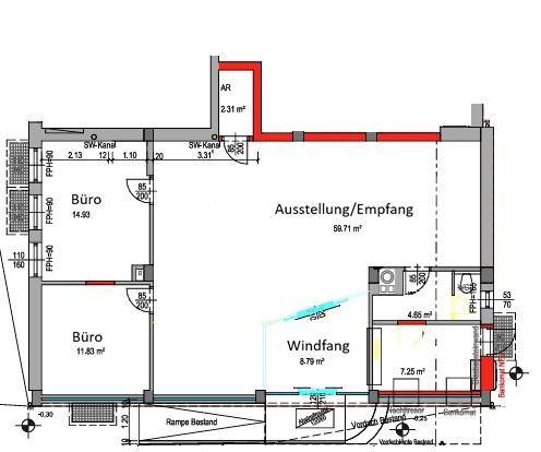 Grundriss des Gewerbeobjekts mit Büros, Empfangsbereich und Windfang.