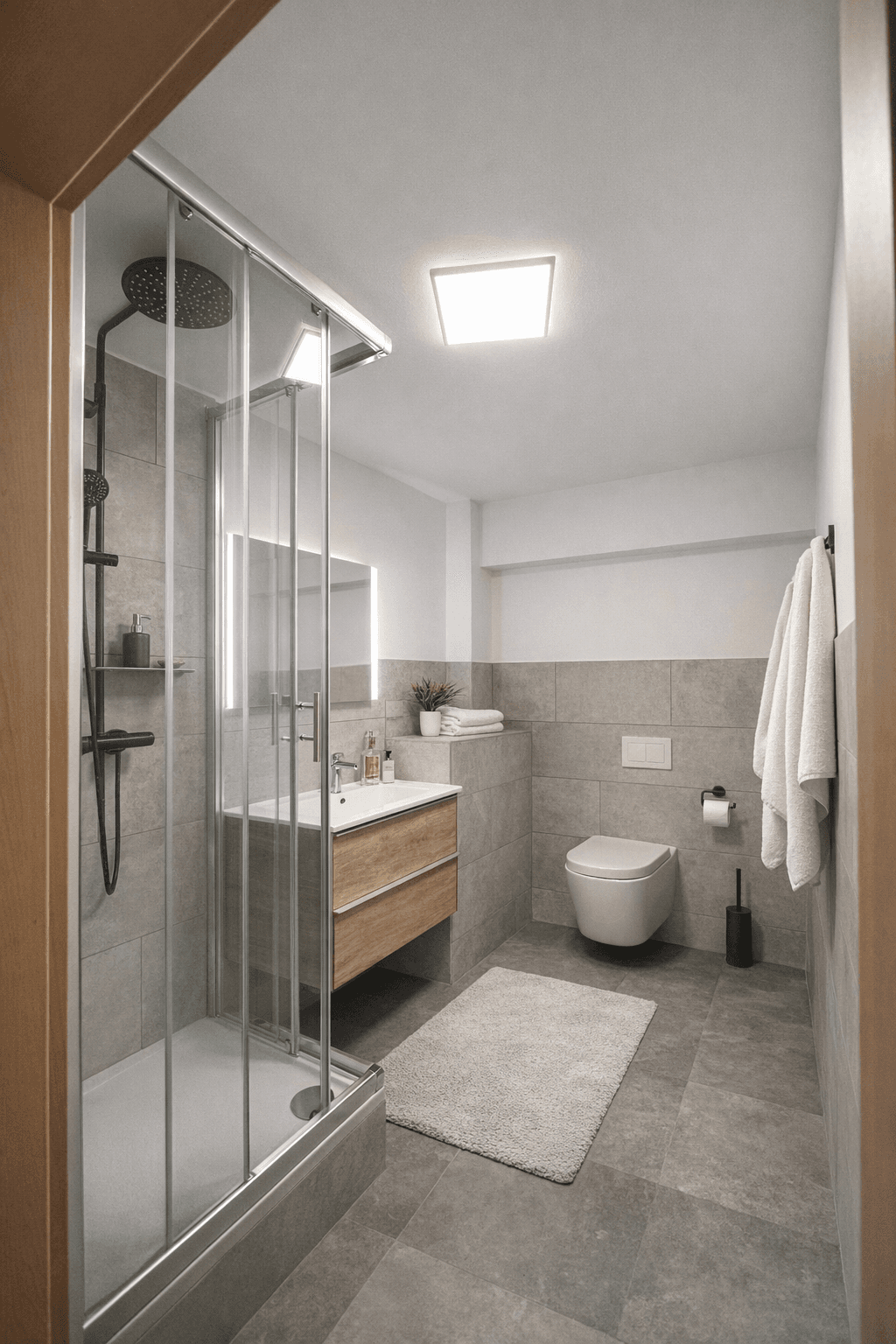 Modernes Badezimmer mit Duschkabine, Waschtisch und wandhängender Toilette.