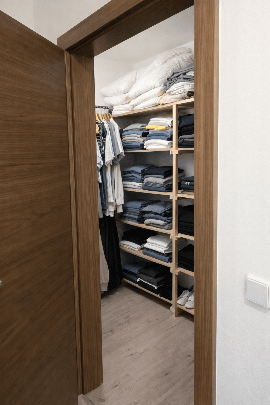 Praktischer begehbarer Kleiderschrank mit Holzregalen für organisierte Aufbewahrung.