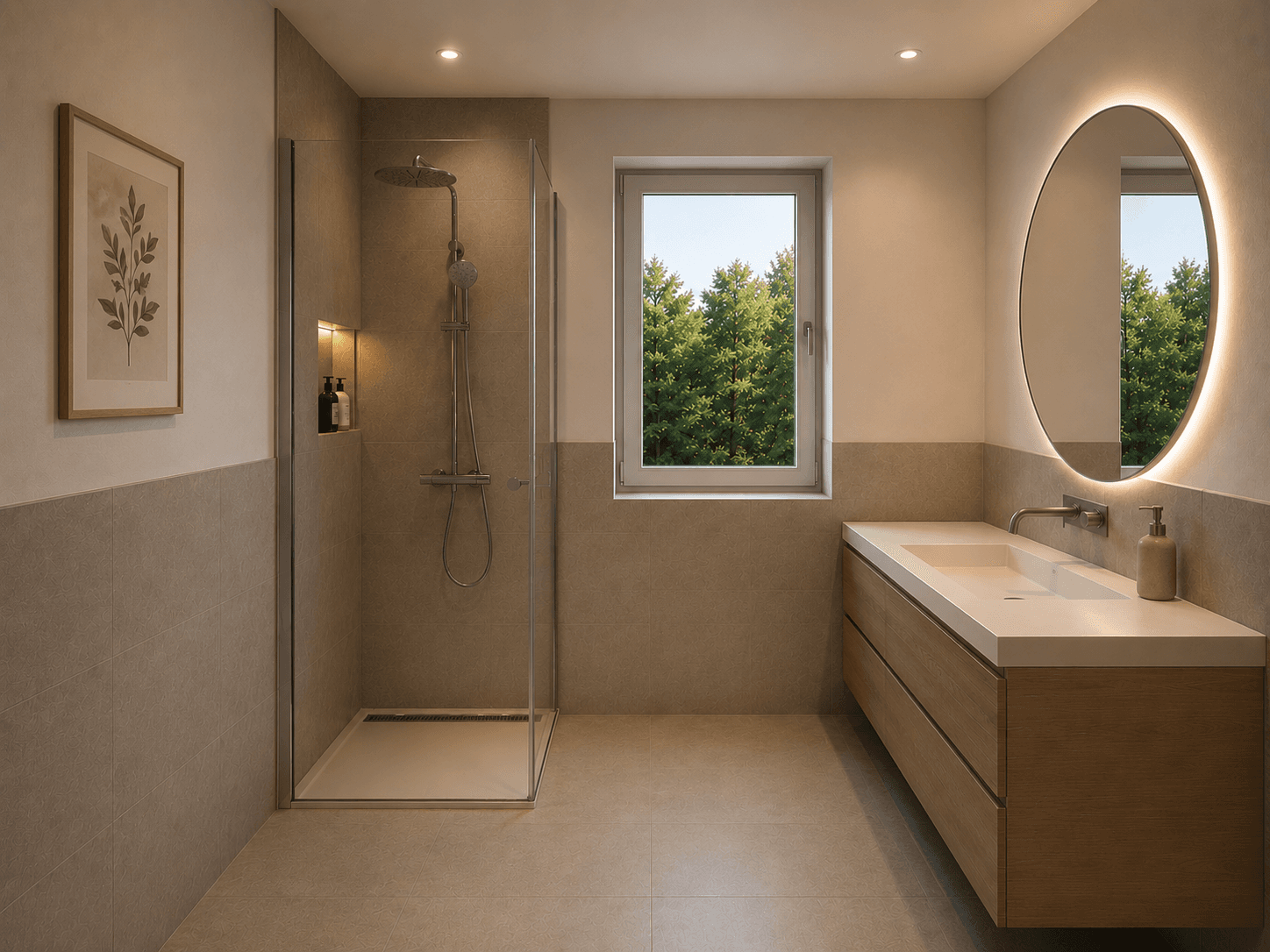 Modernes Badezimmer mit begehbarer Dusche, Doppelwaschbecken und Fenster.