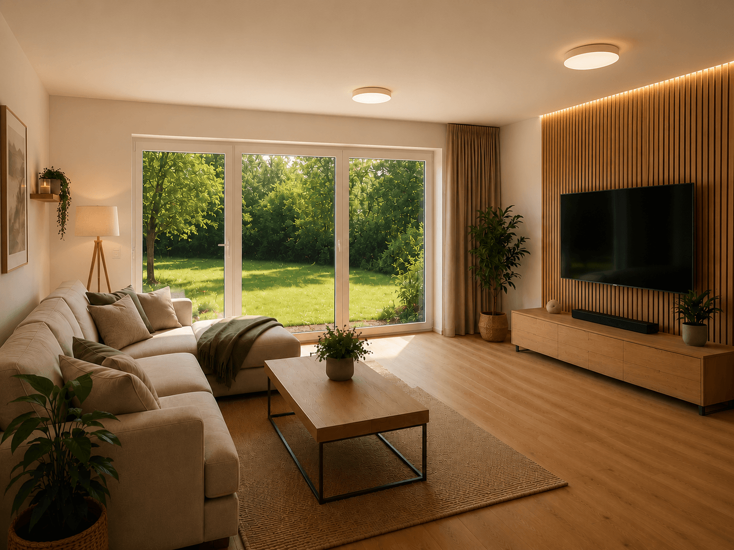 Gemütliches Wohnzimmer mit großem Sofa, Holzboden und direktem Zugang zum grünen Garten.