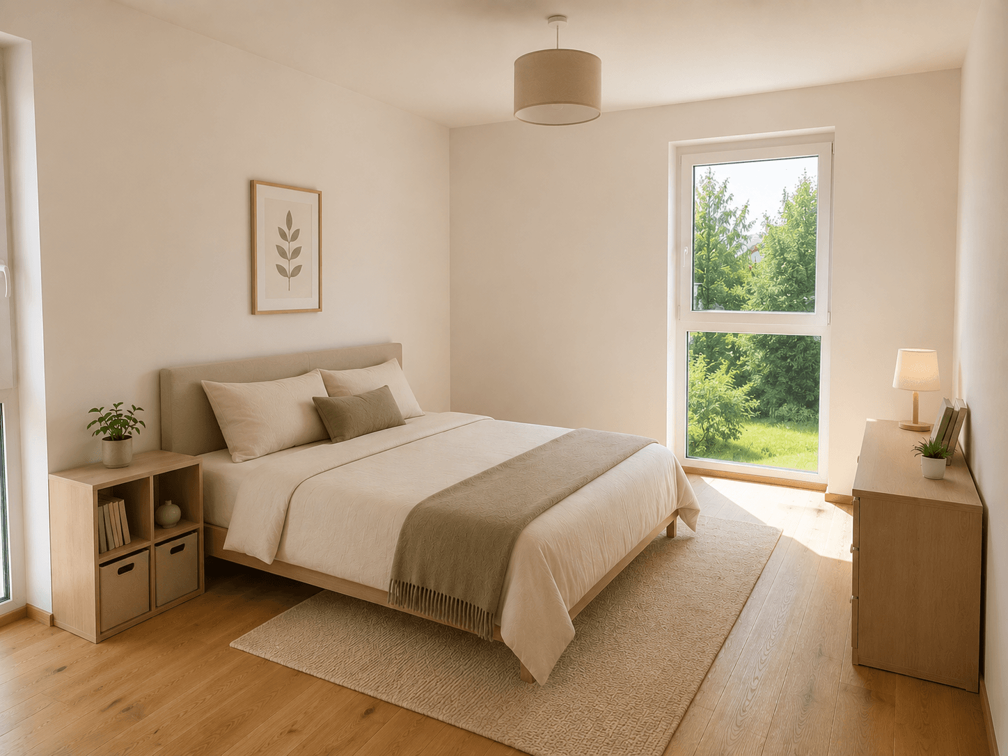 Helles Schlafzimmer mit Holzboden, großem Fenster und ruhigem Blick ins Grüne.