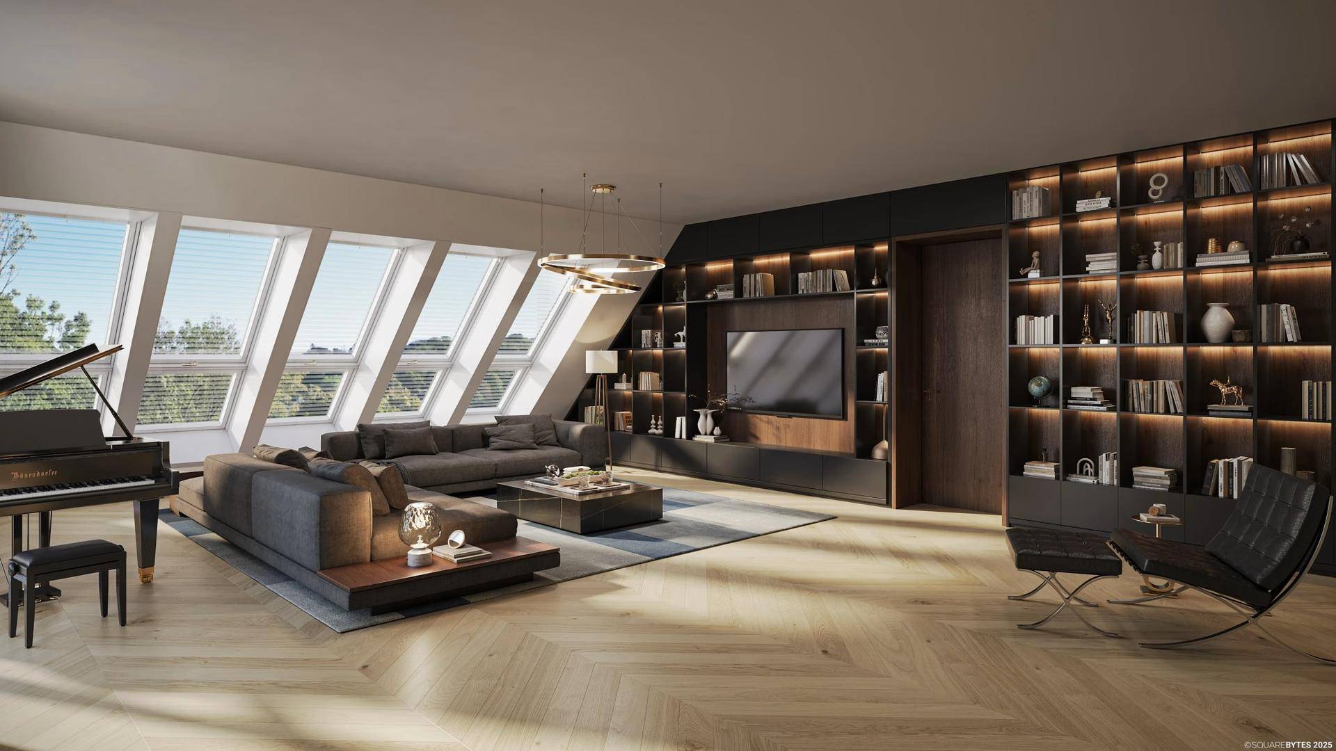 Großzügiges Wohnzimmer mit Dachschrägen, Parkettboden, Flügel und integrierten Bücherregalen.