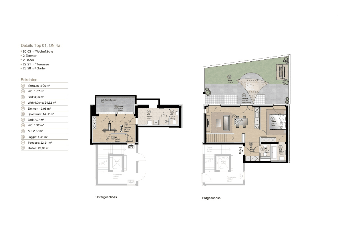 Grundriss einer Maisonette-Wohnung über zwei Ebenen mit Terrasse, Garten und Loggia.