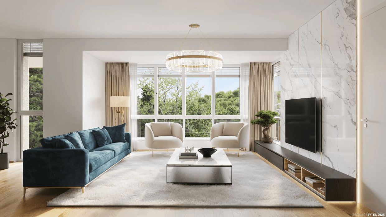 Helles Wohnzimmer mit moderner Einrichtung, großem Fenster und Marmorwand.