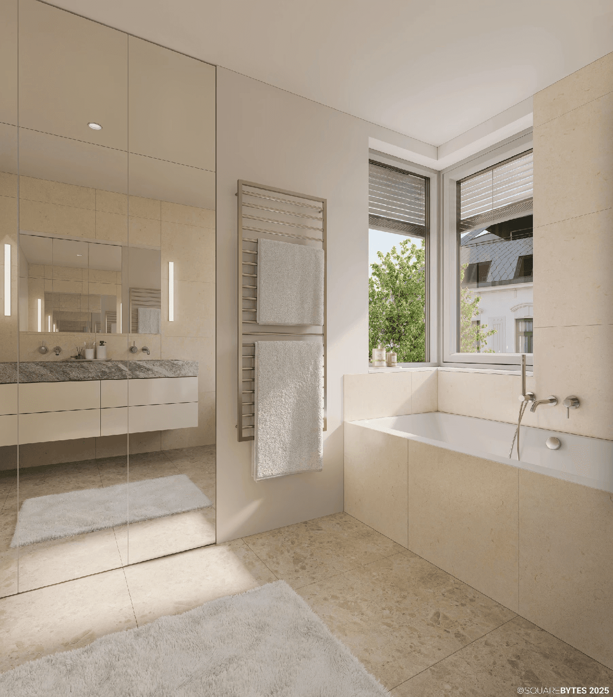 Helles Badezimmer mit Badewanne, beheiztem Handtuchhalter und großem Spiegel.