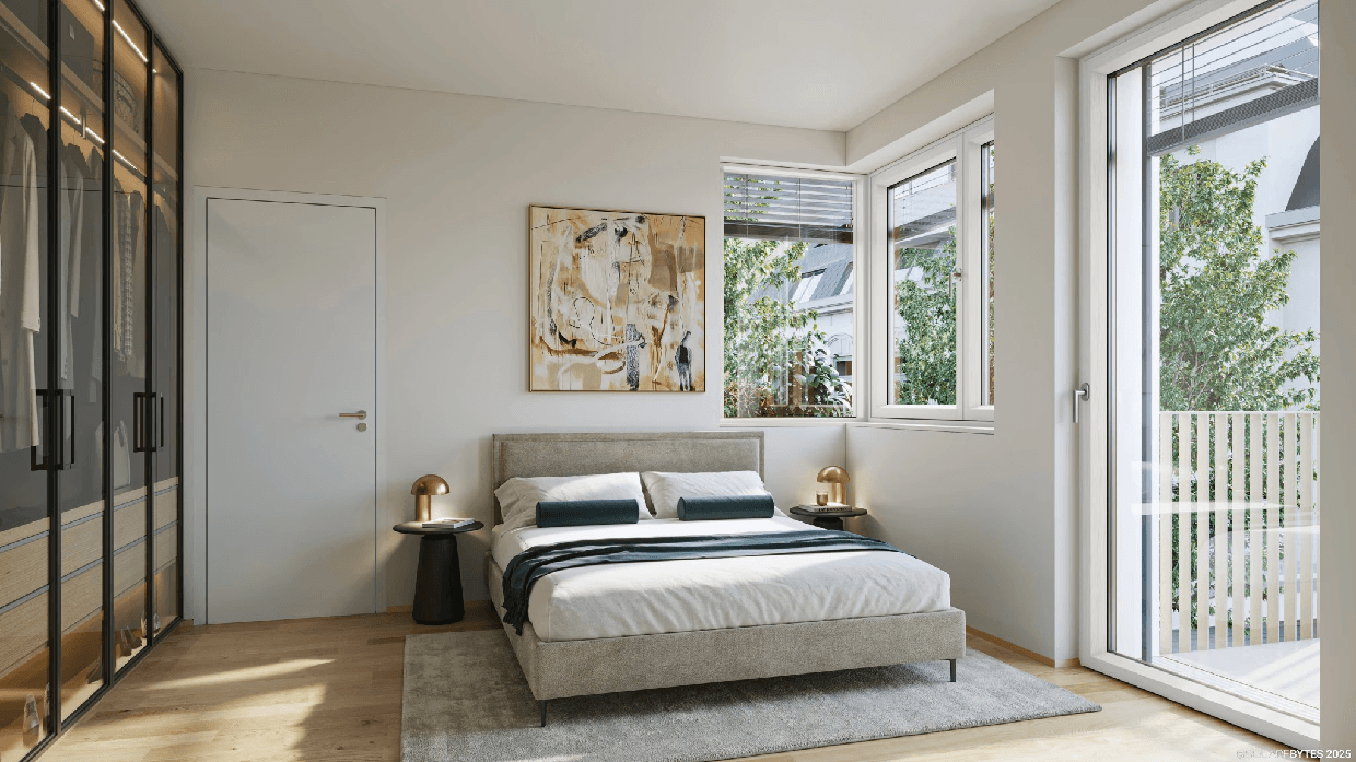 Modernes Schlafzimmer mit Doppelbett, Einbauschrank und Balkonzugang.