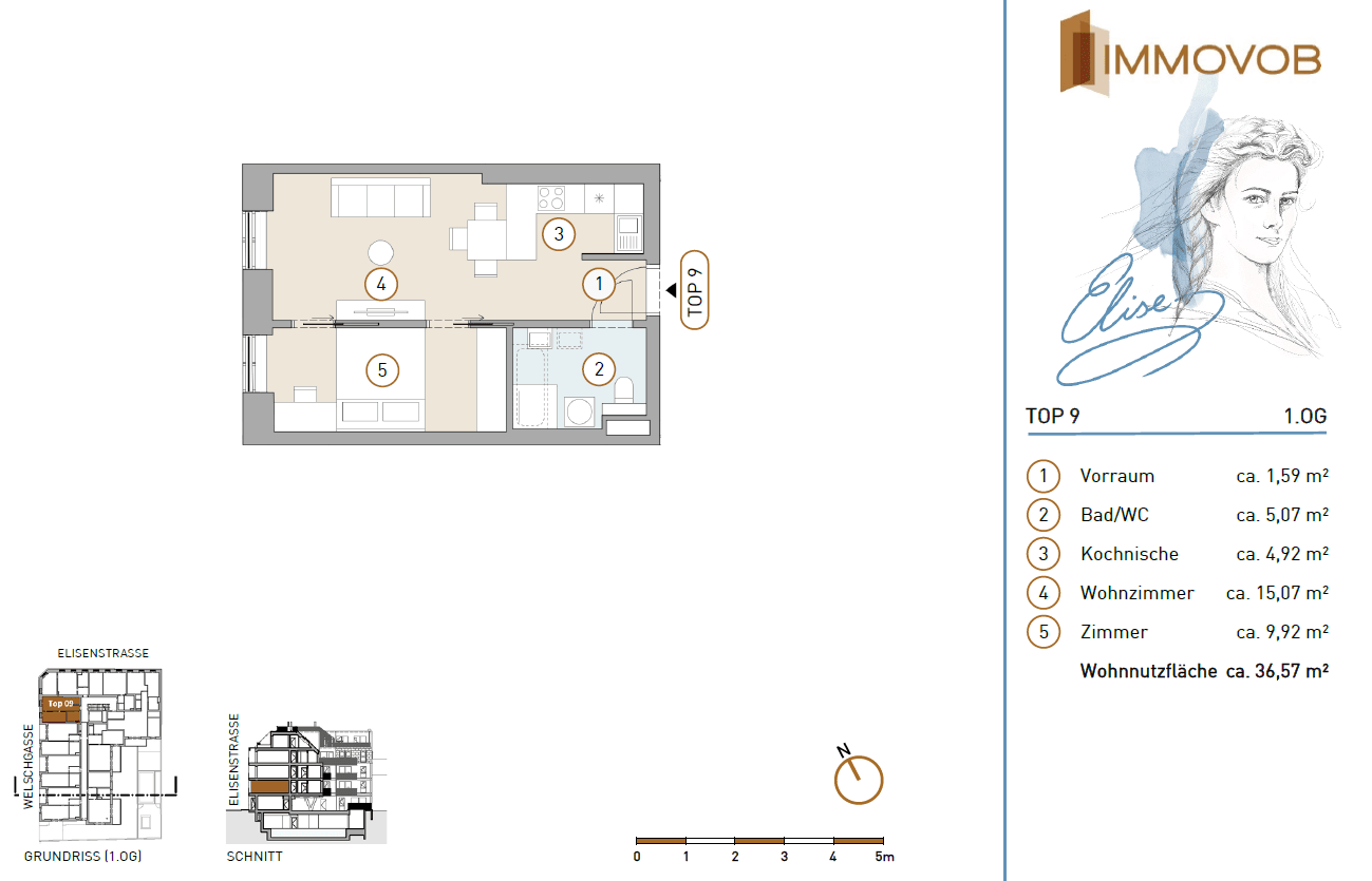 Übersichtlicher Grundriss der Wohnung Top 9 mit klarer Raumstruktur und Balkon.