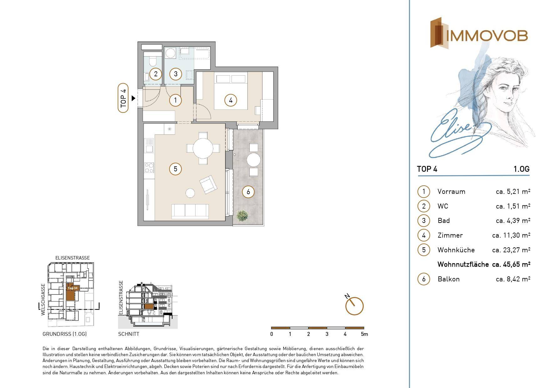Detaillierter Grundriss einer Wohnung mit Balkon, separatem WC und offenem Wohnbereich.