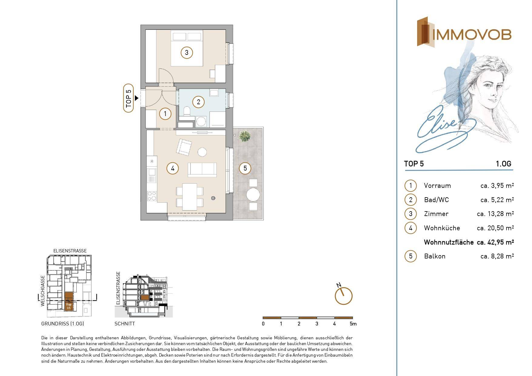 Detaillierter Grundriss der Wohnung Top 5 mit Raumaufteilung und Balkon.