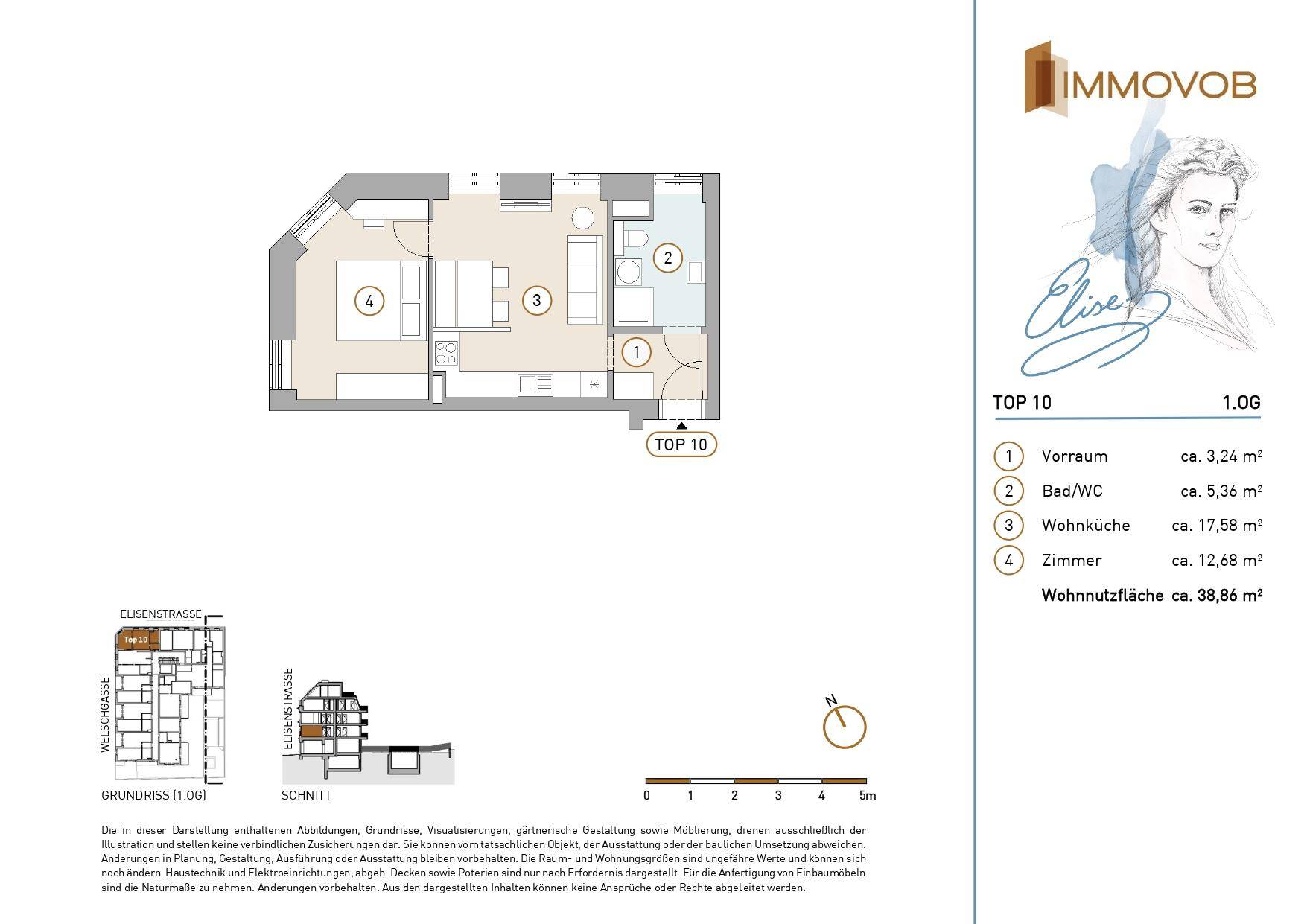 Grundriss der Wohnung TOP 10 mit Vorraum, Bad/WC, Wohnküche und Zimmer.