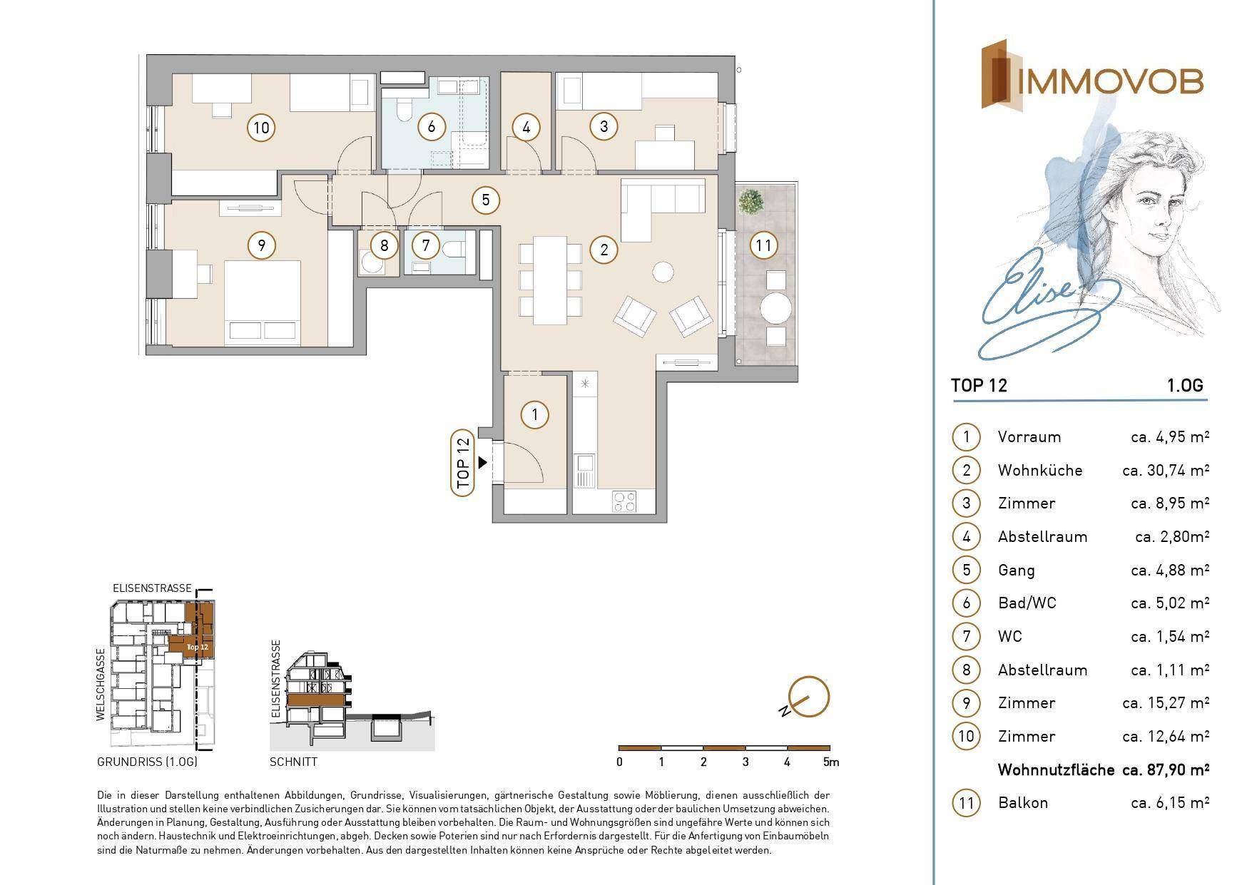 Detaillierter Grundriss einer Wohnung mit offenem Wohnbereich, drei Schlafzimmern und Balkon.