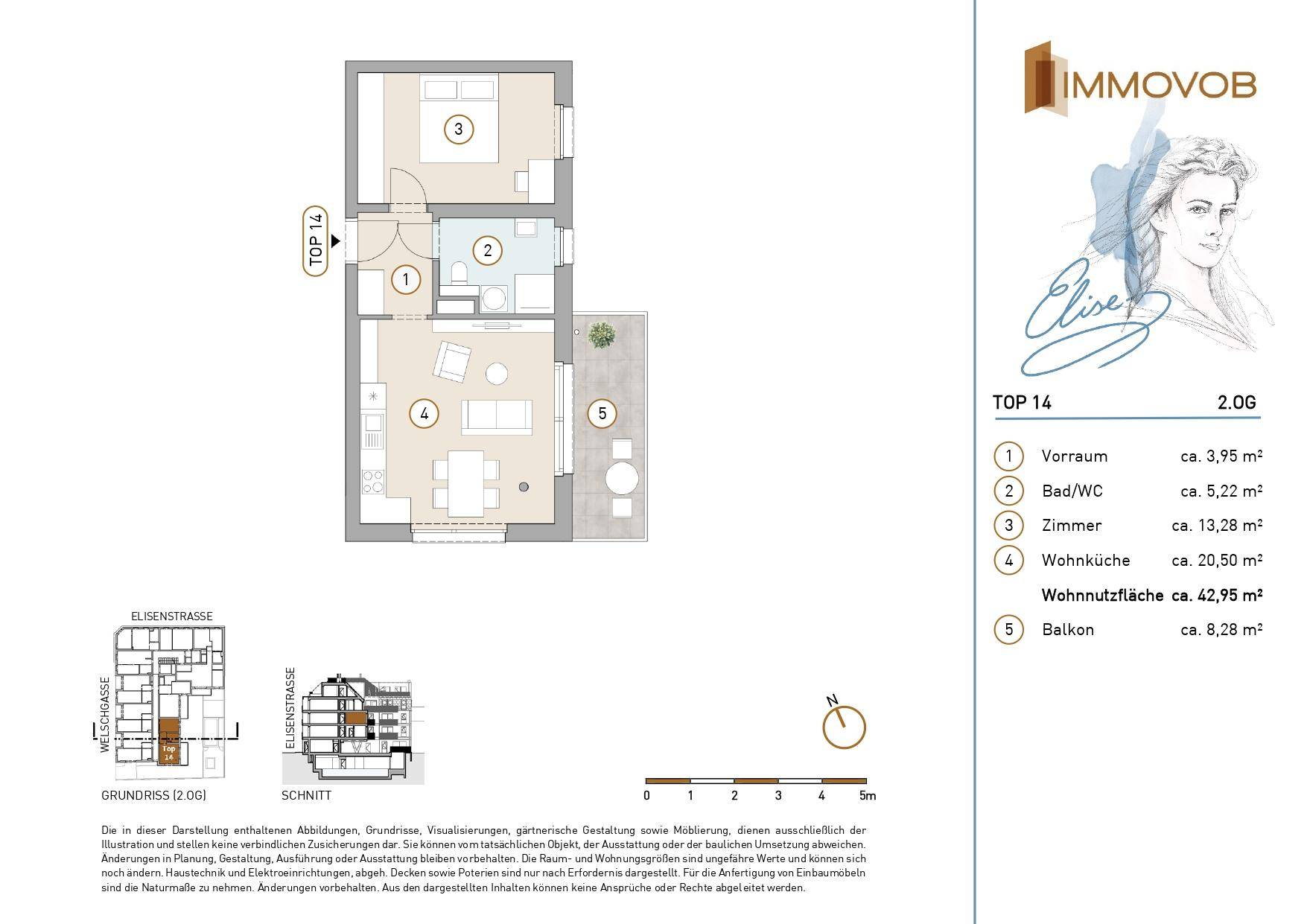 Grundriss einer Wohnung mit einem Schlafzimmer, Bad, Wohnküche und Balkon.