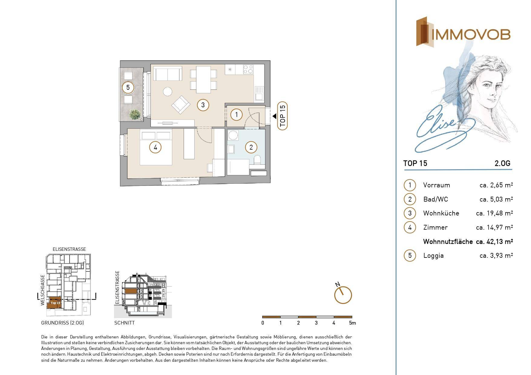 Grundriss der Wohnung TOP 15 im 2. Obergeschoss mit Loggia und offenem Wohnbereich.