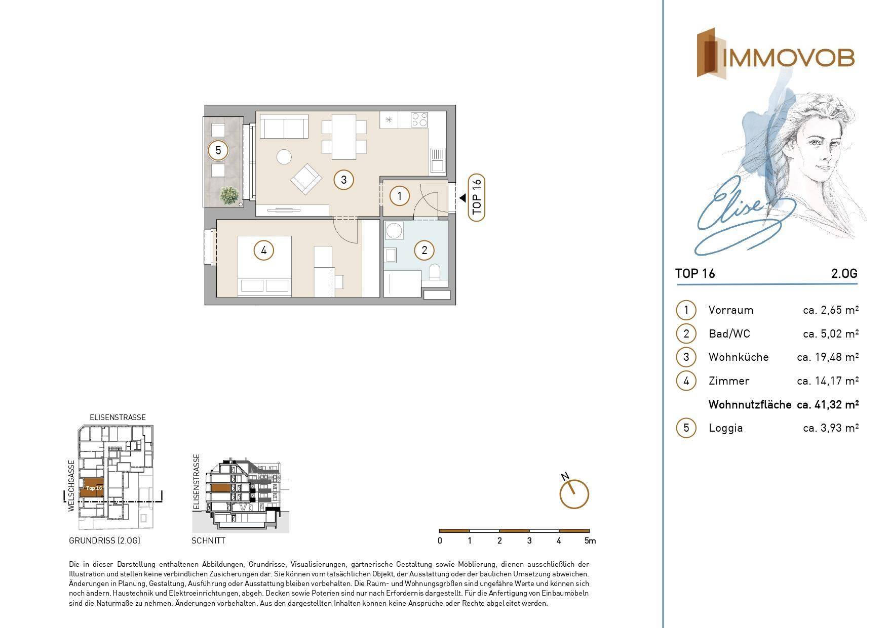 Grundriss einer Wohnung mit Wohnküche, Schlafzimmer, Bad und Loggia.