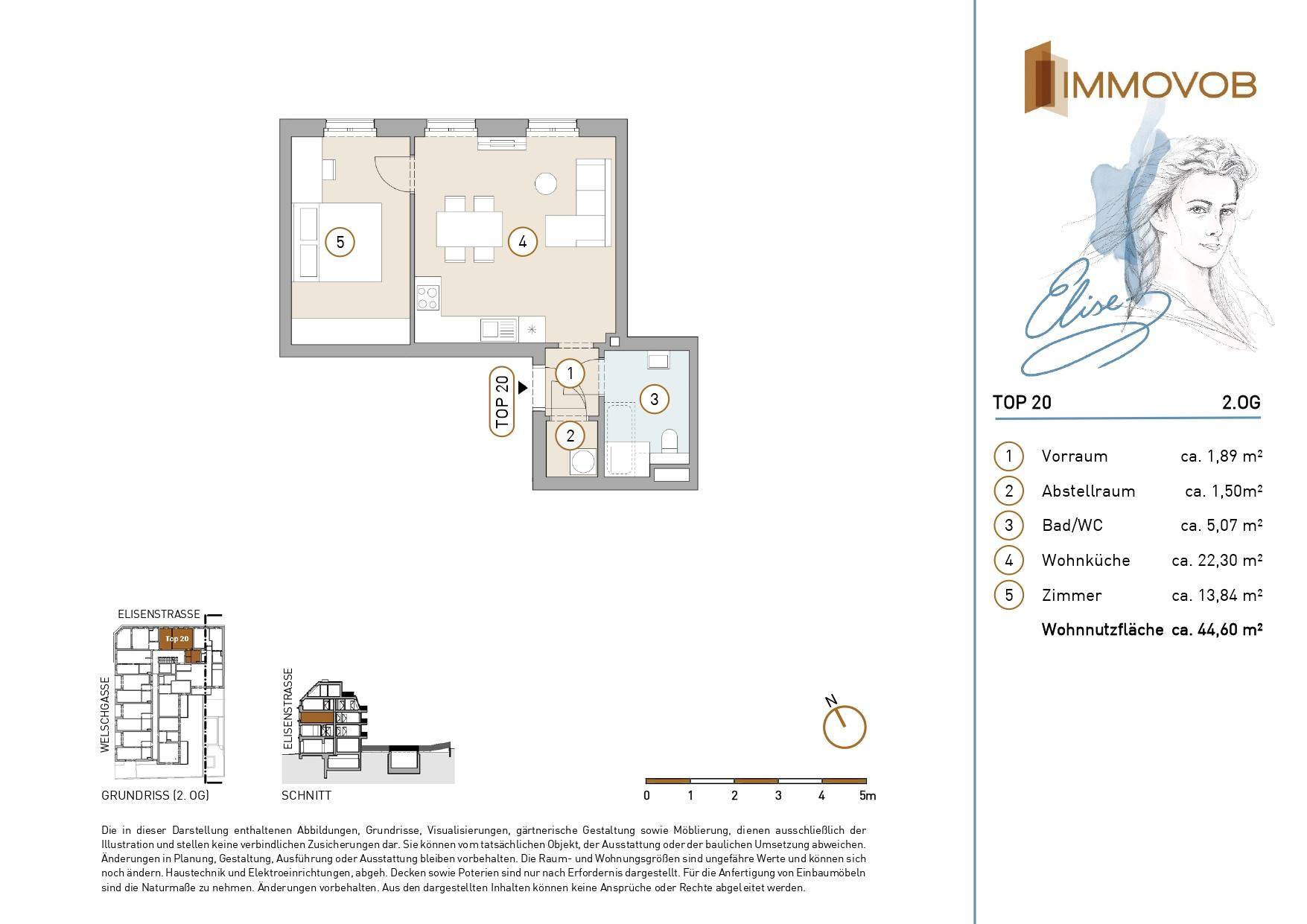 Grundriss einer Wohnung im zweiten Obergeschoss mit Wohnküche, einem Schlafzimmer und Balkon.